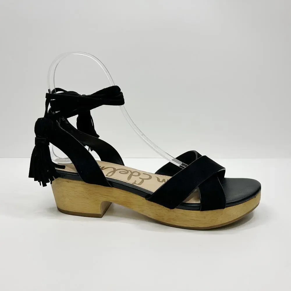 SAM EDELMAN Jenna Ankle Wrap Wooden‎ Clog Sandals Retro Lace Up Black Sz 7